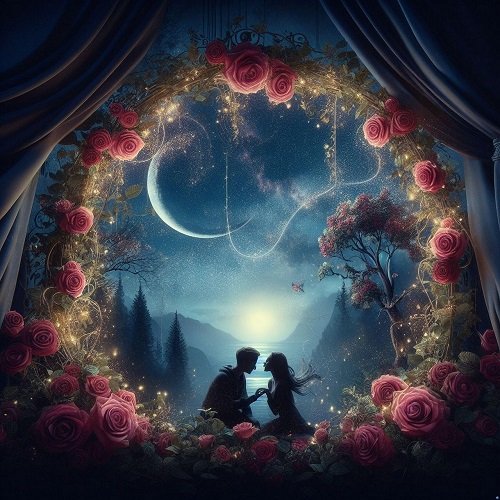 ilustratie generata AI cuplu inconjurat de trandafiri stand in lumina de luna noua