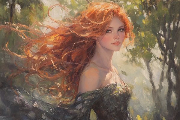 ilustratie generata AI tip pictura, zeitate celtica purtand o rochie cu umerii goi