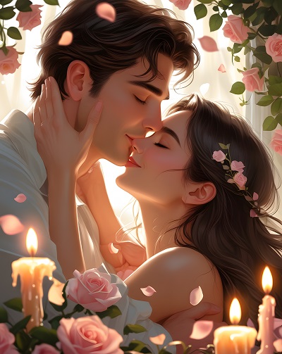 ilustratie generata AI, cuplu sarutandu-se intr-un cadru romantic,cu flori si cu lumânări