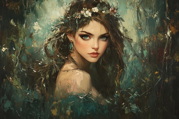 ilustratie generata AI, zeitate din mitologia greaca purtand o coronita de flori pe cap