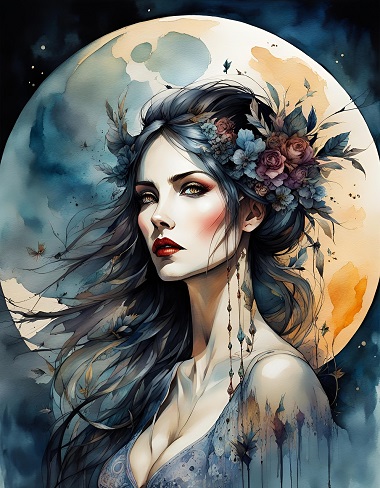 ilustratie generata AI, femeie frumoasa ce are in spate o luna plina