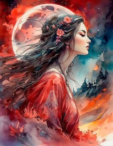 ilustratie generata AI, femeie tanara si luna plina rosie
