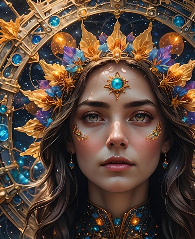 ilustratie generata AI, femeie frumoasa, regina, al treilea ochi, stralucire
