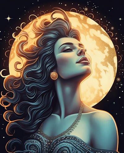 ilustratie generata AI, femeie frumoasa, mandra, langa luna plina
