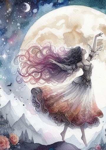 ilustratie generata AI femeie tanara care danseaza in lumina lunii pline 