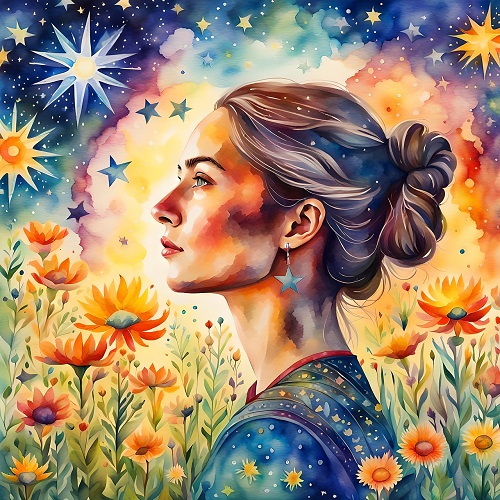 ilustratie generata AI, femeie tanara reflectand intr-un cadru cu flori si stele