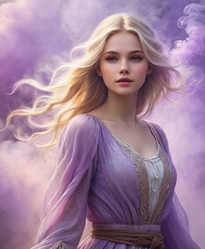 ilustratie generata AI, printesa blonda cu rochie lila