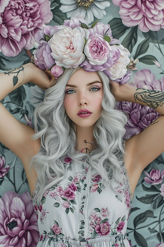 fotografie generata Ai, femeie tanara, blonda, cu tatuaje pe brate si cununa de flori