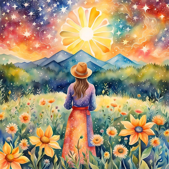 ilustratie generata AI, femeie cu palarie care se afla pe un camp cu flori vara