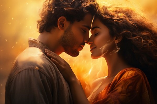 ilustratie generata AI, cuplu,moment romantic in lumina portocalie
