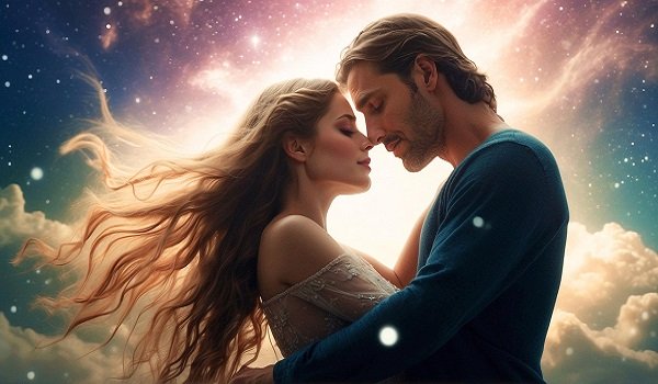 ilustratie generata AI cuplu, moment romantic, cer instelat