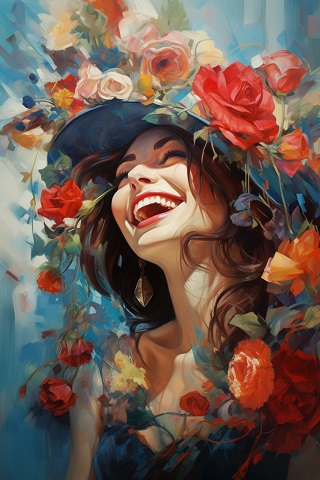 ilustratie generata AI, femeie tanara, frumoasa, purtand pe cap o palarie cu trandafiri
