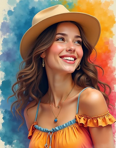 ilustratie generata AI, femeie frumoasa zambitoare, cu palarie de soare