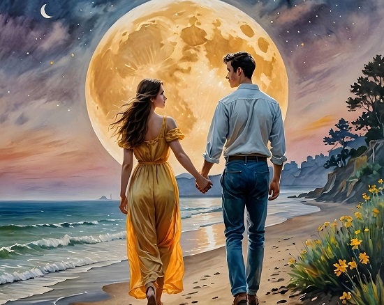 ilustratie generata AI, cuplu care se plimba pe malul marii in lumina lunii pline
