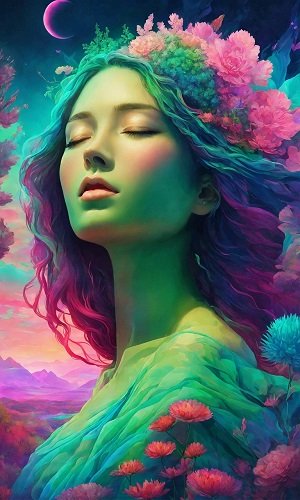 ilustratie generata AI, imagine suprarealista femeie decor cosmic