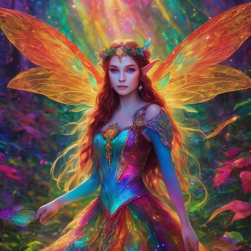 ilustratie generata AI, zana elf cu aripi multicolore