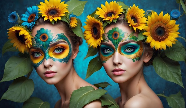 ilustratie generata AI, femei tinere, frumoase, floarea-soarelui, tatuaje cu flori pe frunte