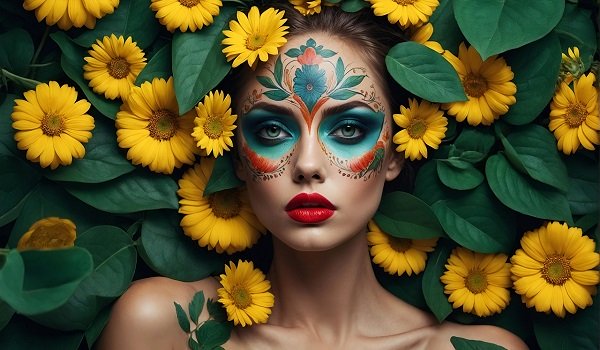 ilustratie generata AI, femeie tanara, frumoasa, floarea-soarelui si un tatuaj cu flori pe față