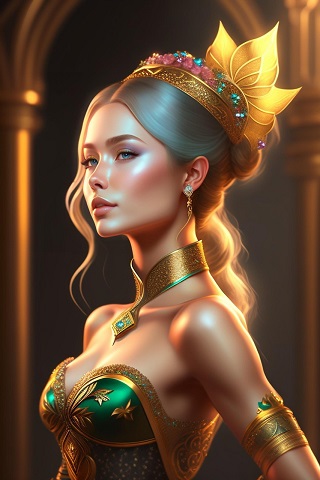 ilustratie generata AI, regina sau printesa imbracata in verde stralucitor