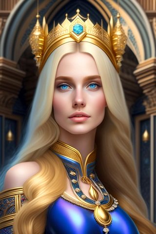 ilustratie generata AI, regina blonda imbracata in albastru