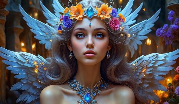 ilustratie generata AI, femeie frumoasa inger cu bijuterii colorate