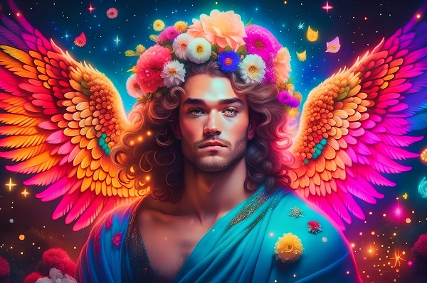 ilustratie generata AI, inger-barbat cu coroana de flori pe cap