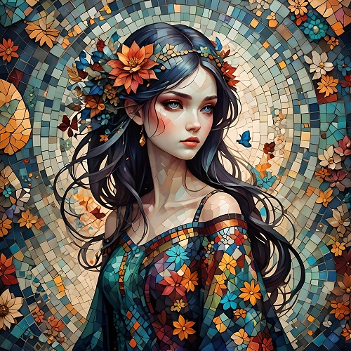ilustratie generata AI tip mozaic, femeie tanara, frumoasa cu flori colorate in par