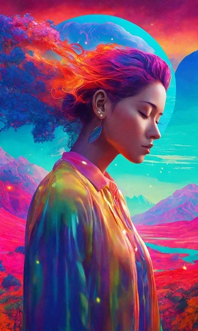 ilustratie generata AI, femeie tanara, visatoare, intr-un cadru multicolor