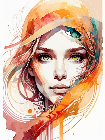 ilustratie generata AI, portret colorat de femeie frumoasa cu parul lung 