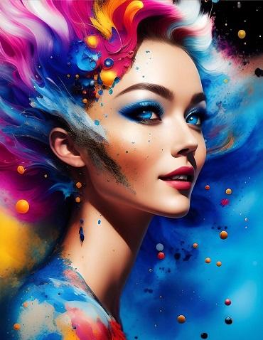 ilustratie generata AI, femeie frumoasa, portret colorat, ganditoare
