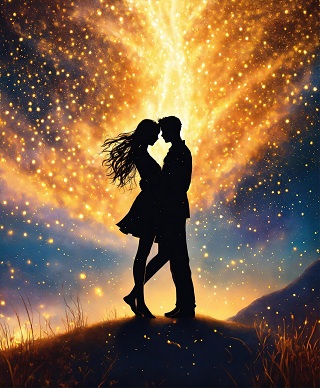 ilustratie generata AI, cuplu inconjurat de focuri de artificii intr-un moment romantic