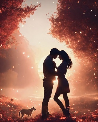 ilustratie generata AI, moment romantic al unui cuplu aflat la plimbare cu catelusul lor