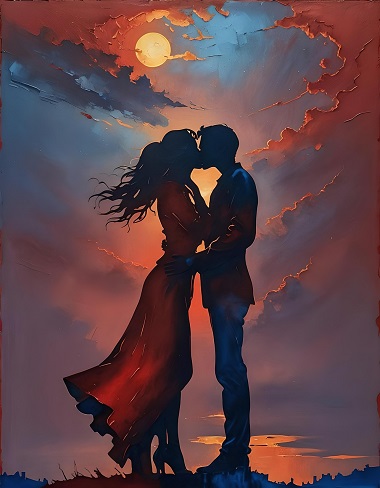 ilustratie generata AI tip pictura, cuplu aflat intr-o ipostaza romantica la apusul soarelui