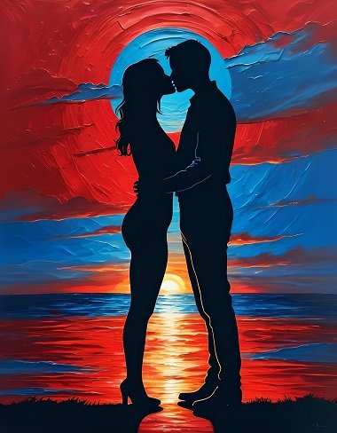 ilustratie generata AI tip pictura, cuplu intr-o ipostaza romantica la rasaritul soarelui