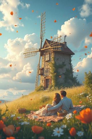 ilustratie generata AI tip pictura, cuplu la picnic langa o moara de vânt