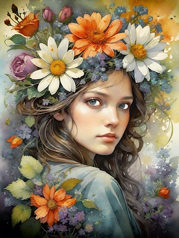 ilustratie generata AI, femeie frumoasa cu coroana de flori de vara pe cap