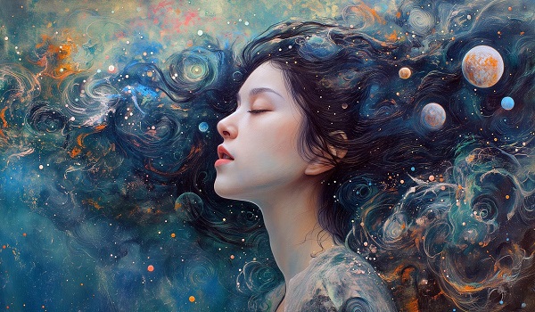 ilustratie generata AI, femeie visatoare cu parul lung, intr-un cadru cosmic, cu planete