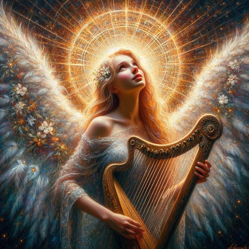 ilustratie generata AI, femeie-inger care canta la harpa