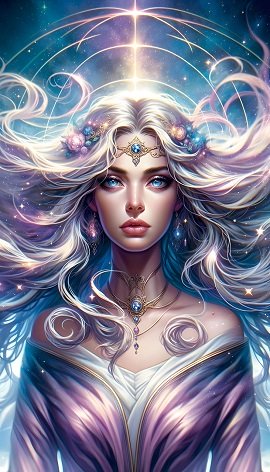 ilustratie generata AI, femeie frumoasa, cu aura, intr-un cadru cosmic
