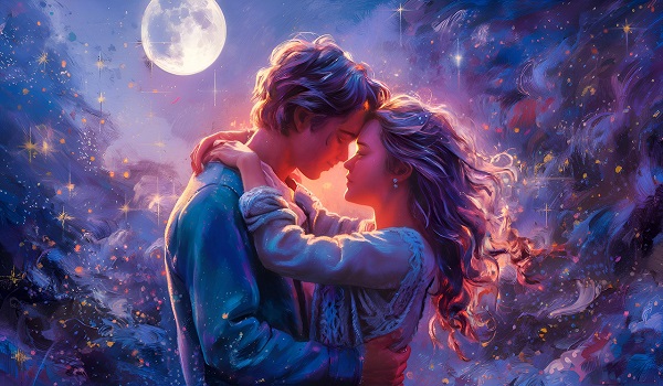 ilustratie generata AI, moment romantic al unui cuplu tanar in lumina lunii pline