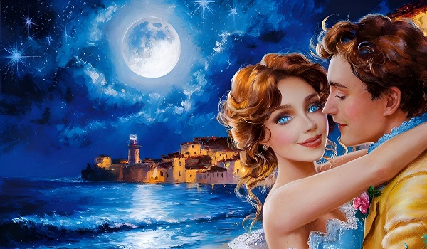 ilustratie generata AI, moment romantic cuplu pe malul marii, in lumina lunii