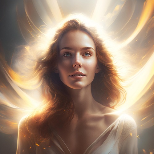 ilustratie generata AI, femeie zambitoare inconjurata de lumina