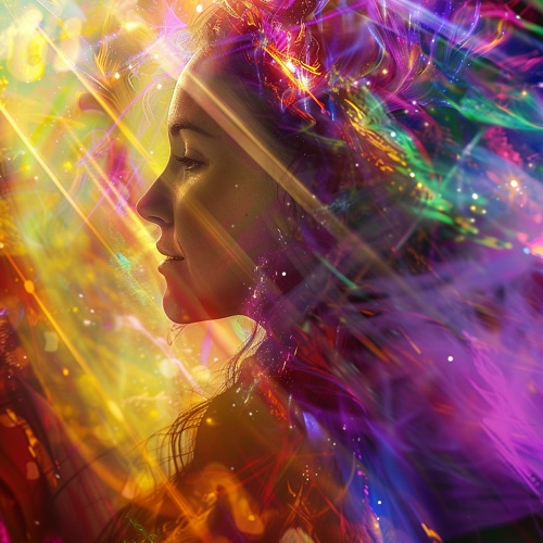 ilustratie generata AI, femeie inconjurata de o aura multicolora