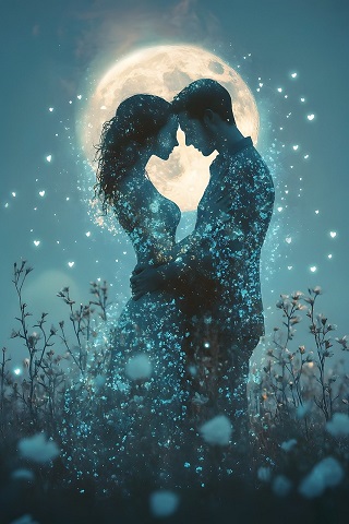 ilustratie generata AI, moment romantic cuplu in mijlocul naturii in lumina lunii pline