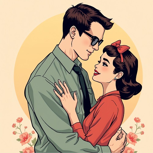 ilustratie generata AI, cuplu retro ipostaza romantica