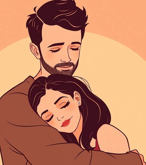 ilustratie generata AI, femeie tanara care inchide ochii si isi sprijina capul de umarul partenerului ei