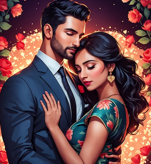 ilustratie generata AI, moment romantic cuplu inconjurat de flori rosii