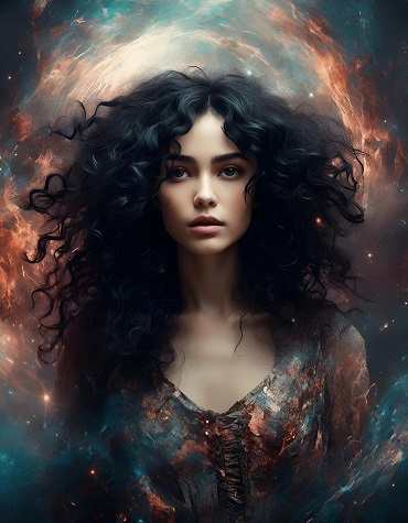 ilustratie generata AI, fata frumoasa, cu parul negru, intr-un cadru cosmic