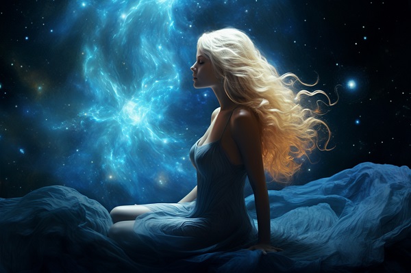 femeie tanara, blonda, trezita din vis intr-un spatiu cosmic