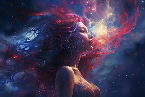 ilustratie generata AI, femeie aflata intr-un spatiu mistic, cosmic, cu aura colorata in jurul ei